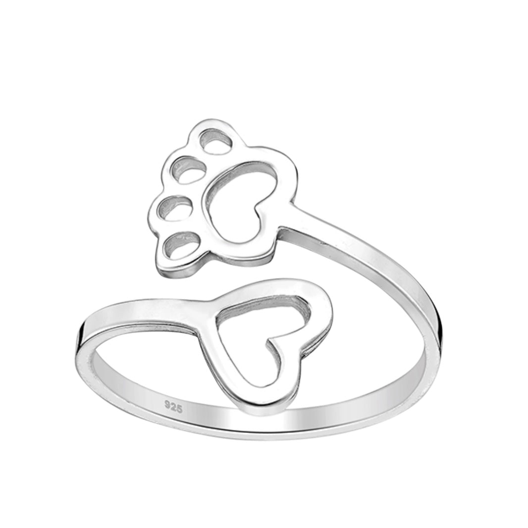 Sterling Silver  Paw Print and Heart Adjustable Ring. .