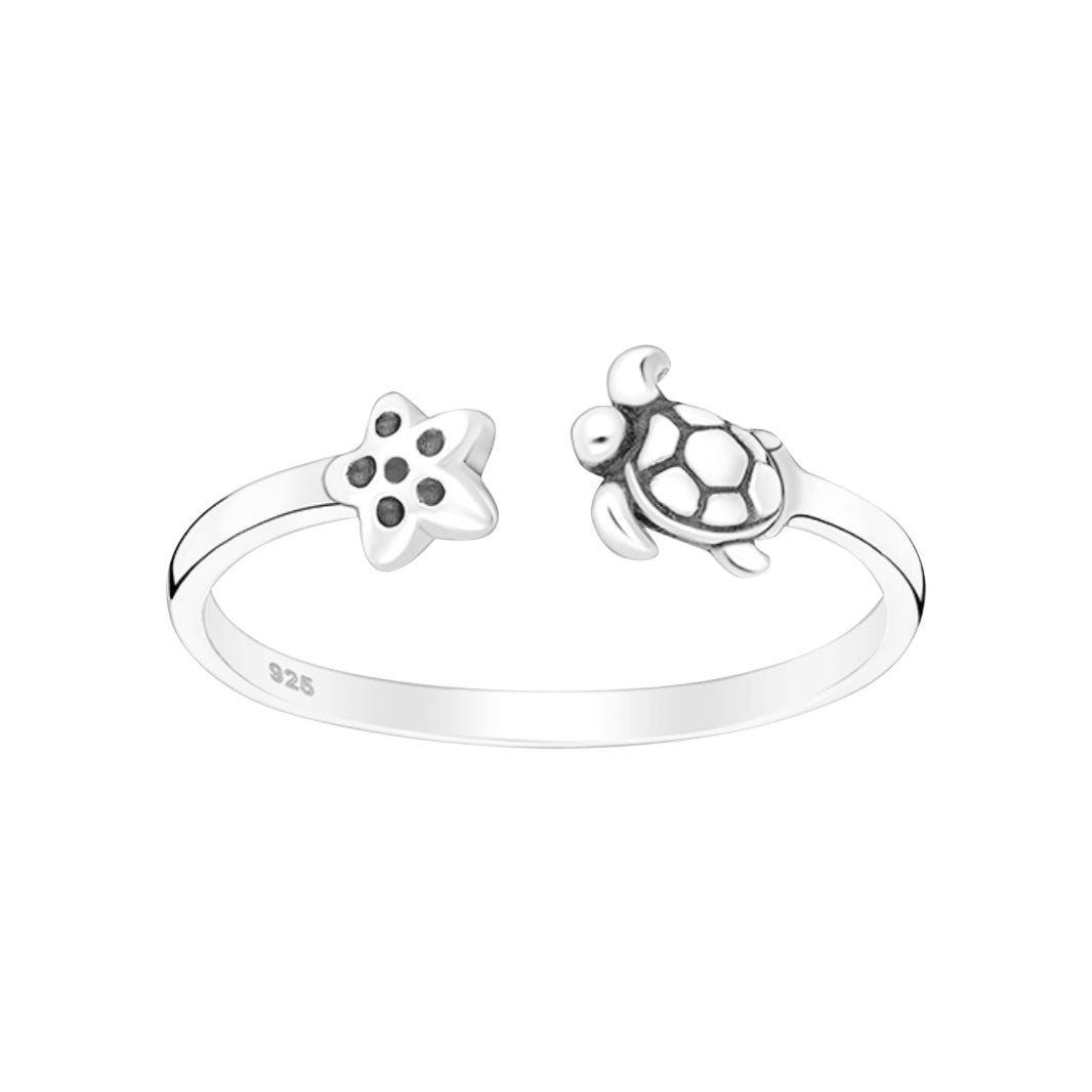 Silver Adjustable Ring with Turtle and star