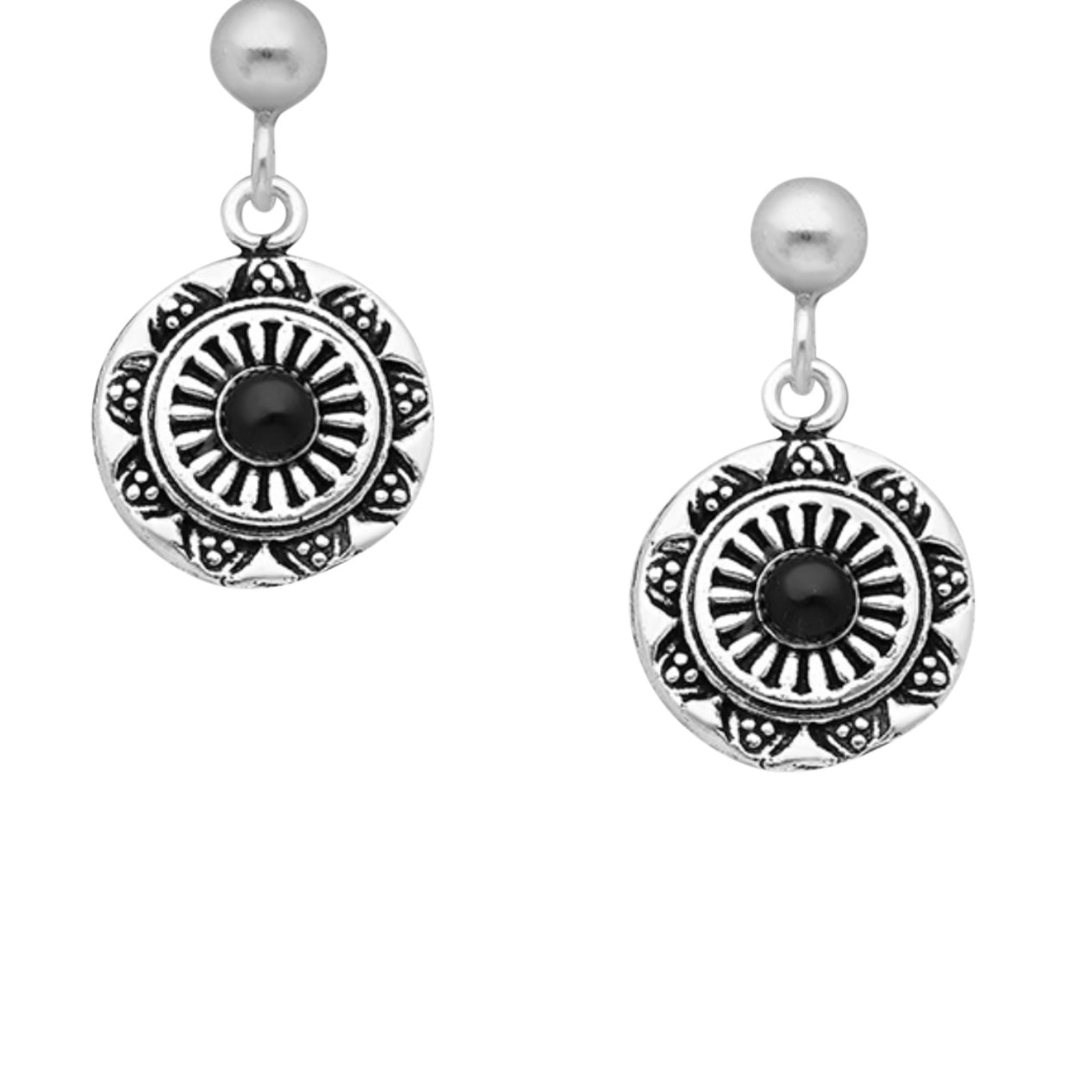 Sterling Silver Hoop or Stud Earrings, with decorative circle disc drop with stone centre   Comes in Turquoise or Black 