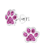 Sterling Silver Crystal Paw Print Earring Studs in Pink