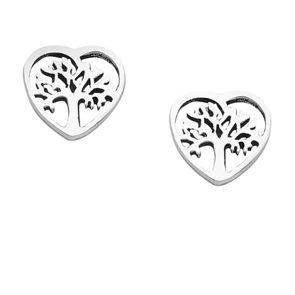 Sterling Silver Tree of Life Heart Shaped Stud Earrings