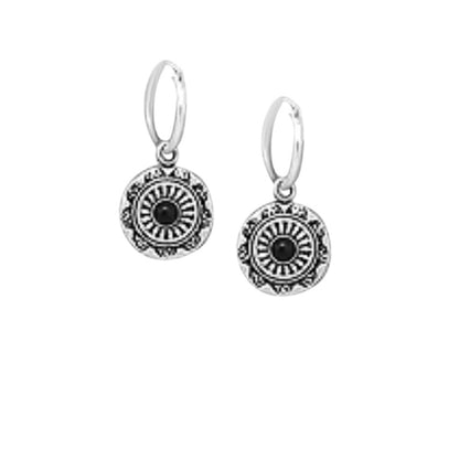 Sterling Silver Hoop or Stud Earrings, with decorative circle disc drop with stone centre   Comes in Turquoise or Black 