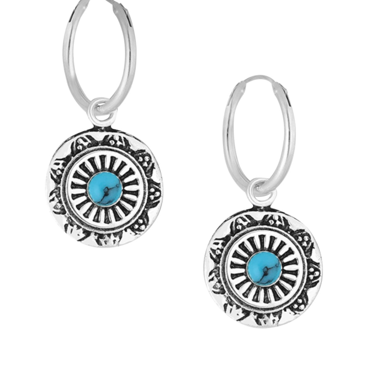 Sterling Silver Hoop or Stud Earrings, with decorative circle disc drop with stone centre   Comes in Turquoise or Black 