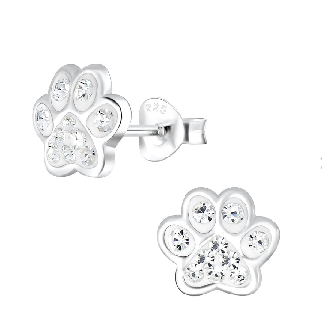 Sterling Silver Crystal Paw Print Earring Studs in White