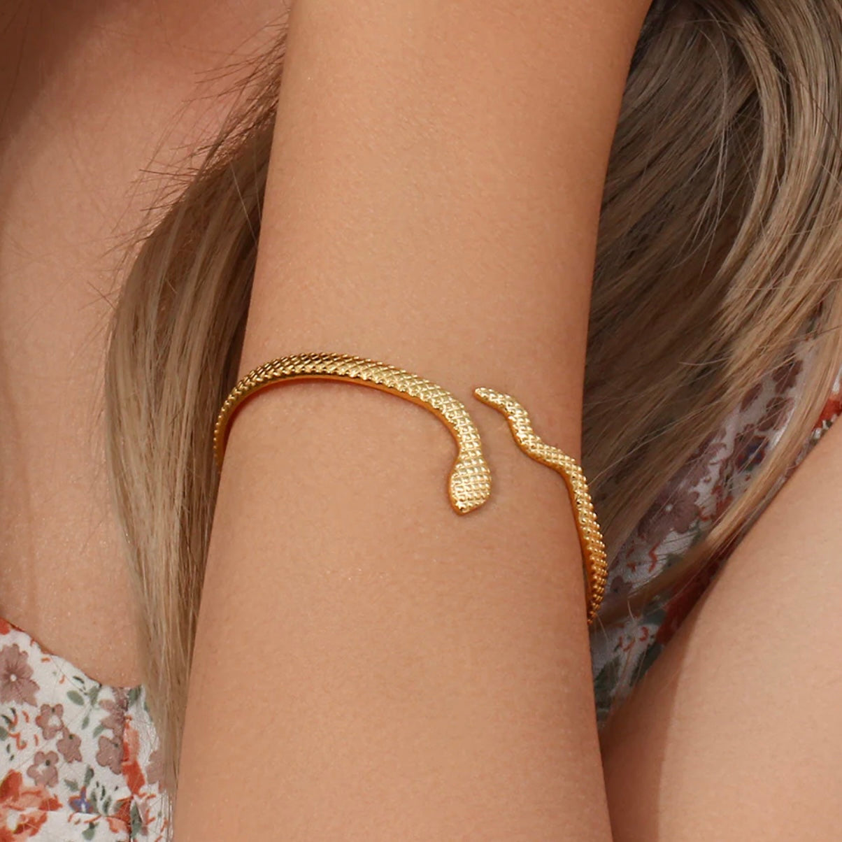 Stainless Steel Textured Snake Bangle in Silver or Gold Plate