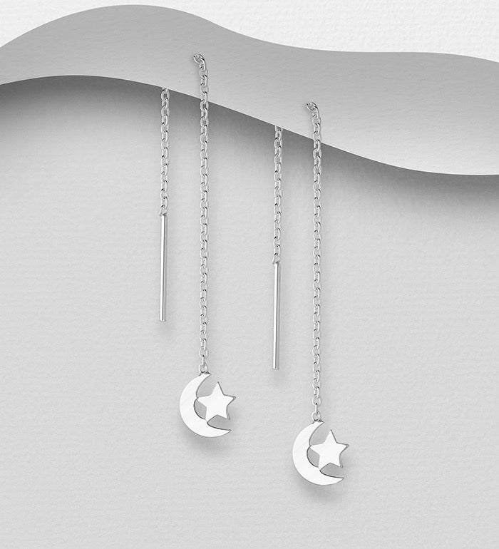 Silver Moon and Star Threader Earring