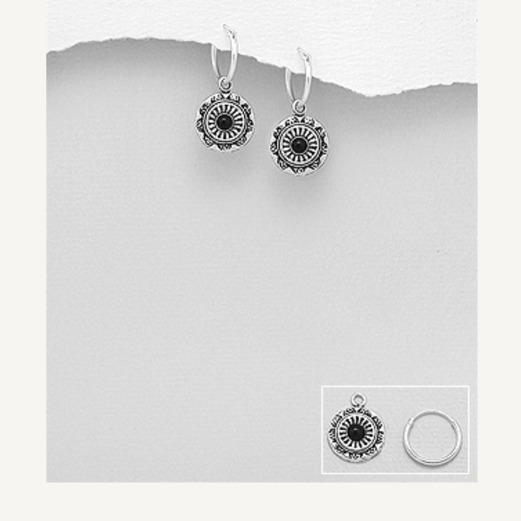 Sterling Silver Hoop or Stud Earrings, with decorative circle disc drop with stone centre   Comes in Turquoise or Black 