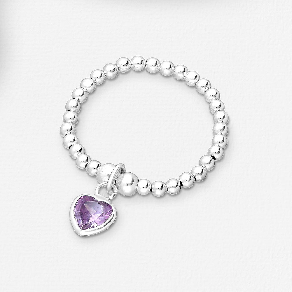 Sterling Silver Adjustable Ball and Heart Ring, Decorated with Various Colours CZ Simulated Diamond