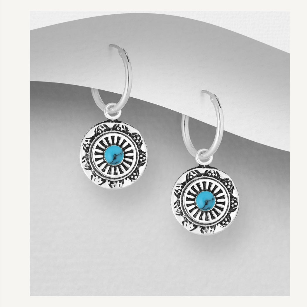 Sterling Silver Hoop or Stud Earrings, with decorative circle disc drop with stone centre   Comes in Turquoise or Black 