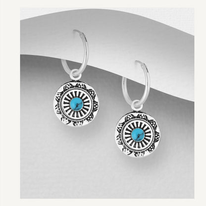 Sterling Silver Hoop or Stud Earrings, with decorative circle disc drop with stone centre   Comes in Turquoise or Black 