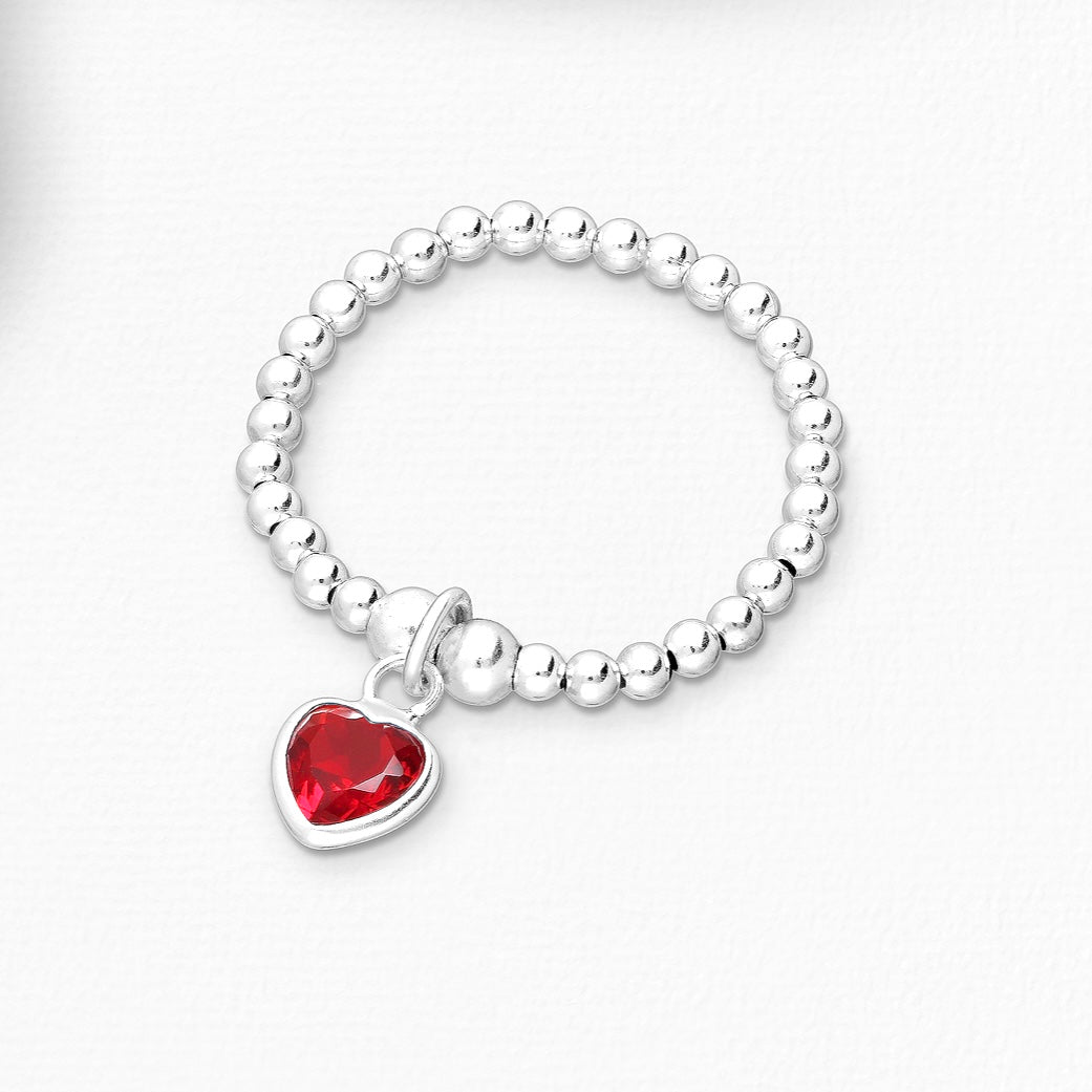 Sterling Silver Adjustable Ball and Heart Ring, Decorated with Various Colours CZ Simulated Diamond