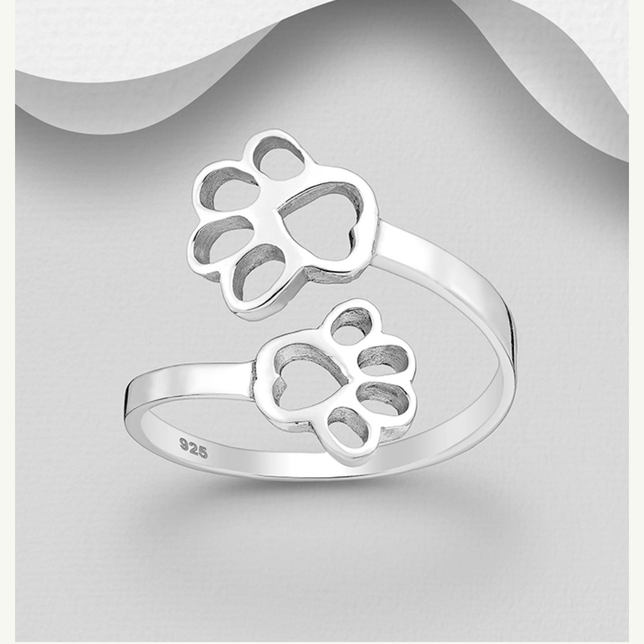 Sterling Silver Double Paw Print Adjustable Ring. .