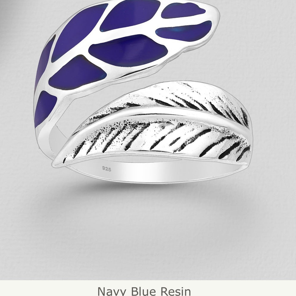 Sterling Silver Adjustable  Enamelled Leaf Statement Ring 